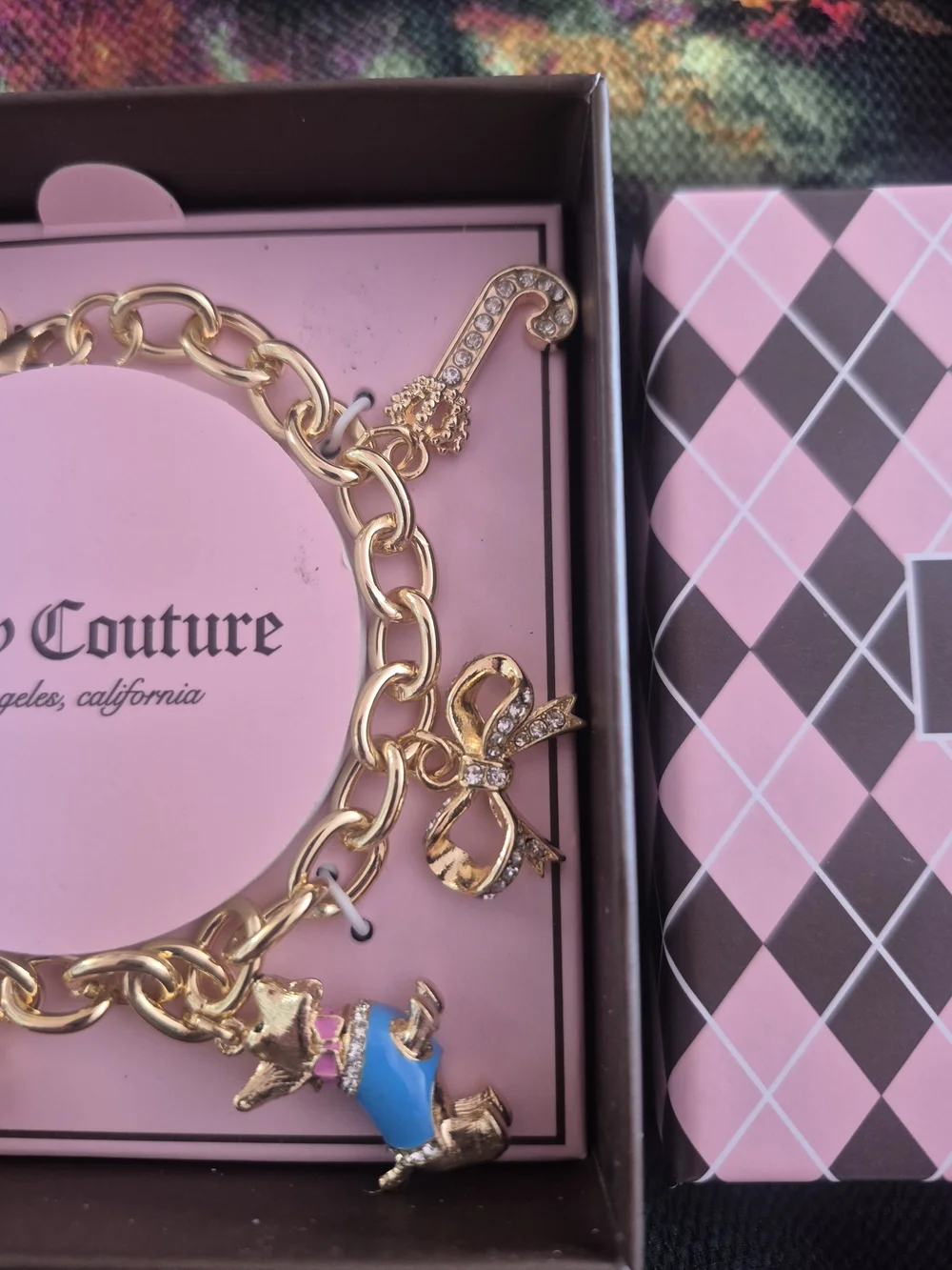 Juicy Couture Gold Tone Charm Bracelet with Scottie Dog, Heart & Bow